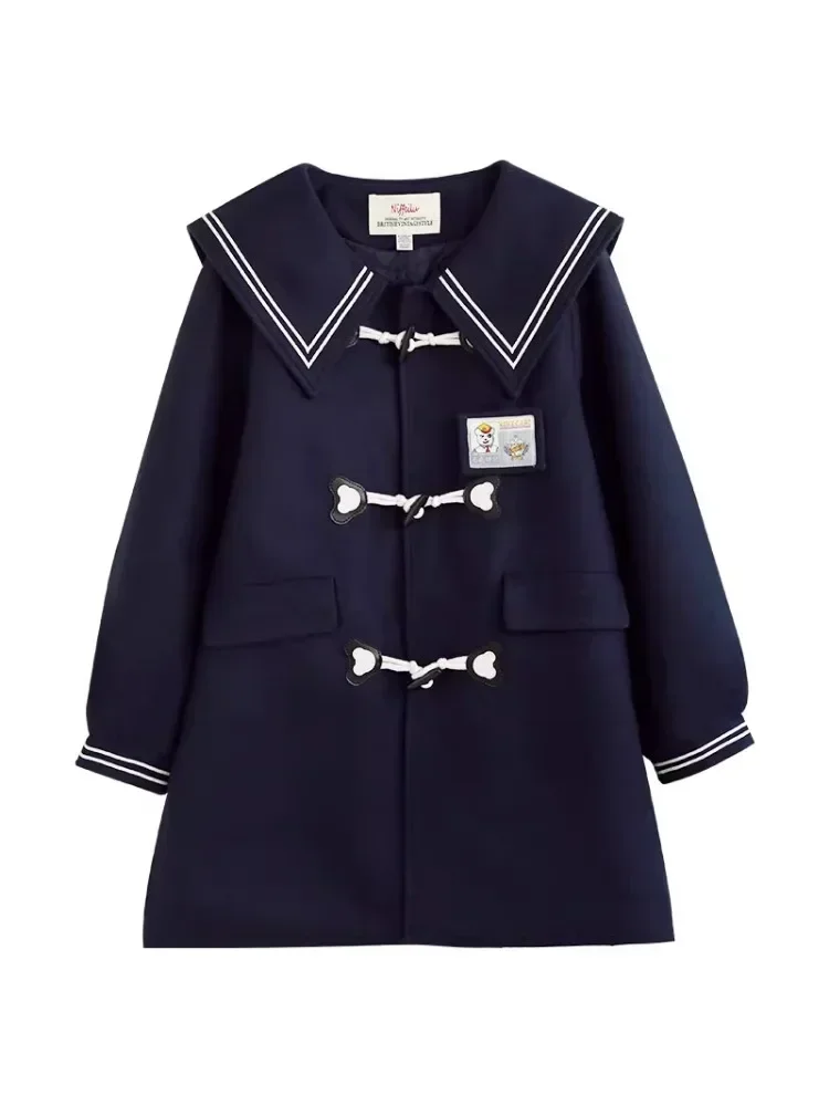 2026 inverno originale colletto blu scuro cappotto di lana donna JK stile preppy cappotto caldo spesso soprabito lungo cappotto Peacoat 2