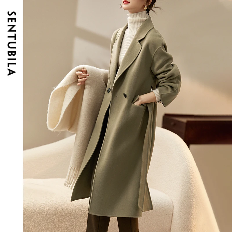 SENTUBILA Cappotto lungo in lana 100% per donna 2025 Inverno spesso sfoderato con cintura di media lunghezza caldo capispalla di alta qualità W44O56770X 5