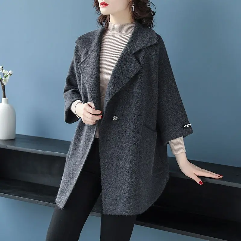 Cappotto di fascia alta in lana per giacca ampia da donna con maniche a 7 quarti di media lunghezza taglie forti 3