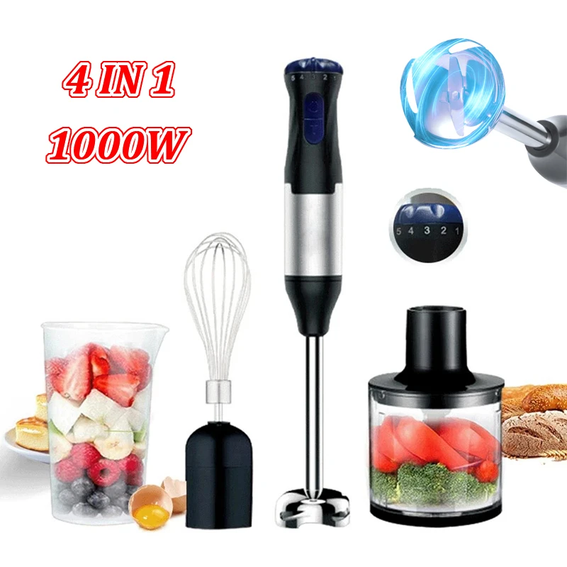 Frullatore ad immersione da cucina da 1000 W Frullatore portatile 4 in 1 in acciaio inossidabile Chopper per carne e verdure Frusta per uova Frullato Stick Mixer 1