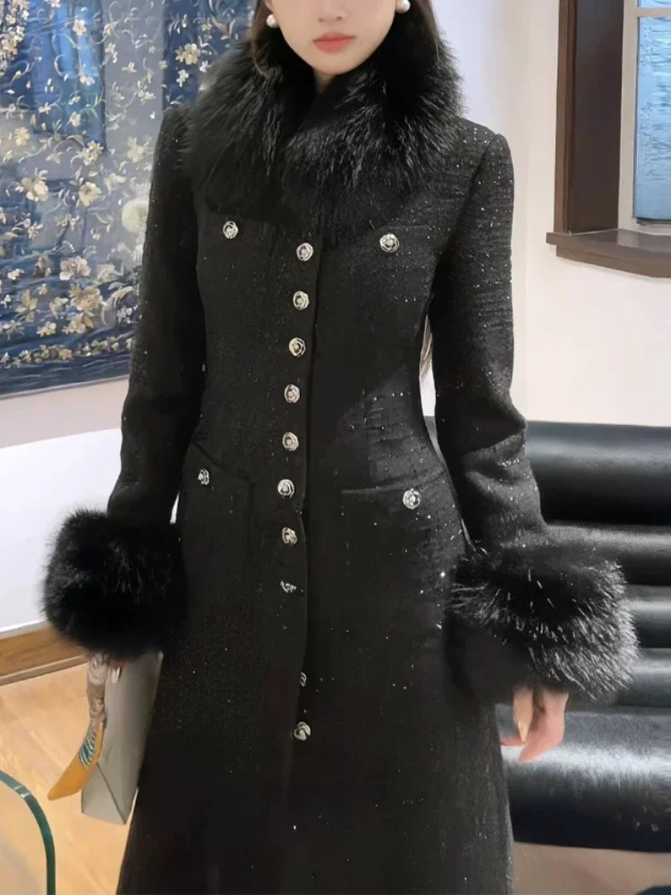 Elegante cappotto con collo in pelliccia ecologica inverno nuova moda Y2k nero addensato slim-fit ombrello in vita giacca lunga ispessita da donna 2