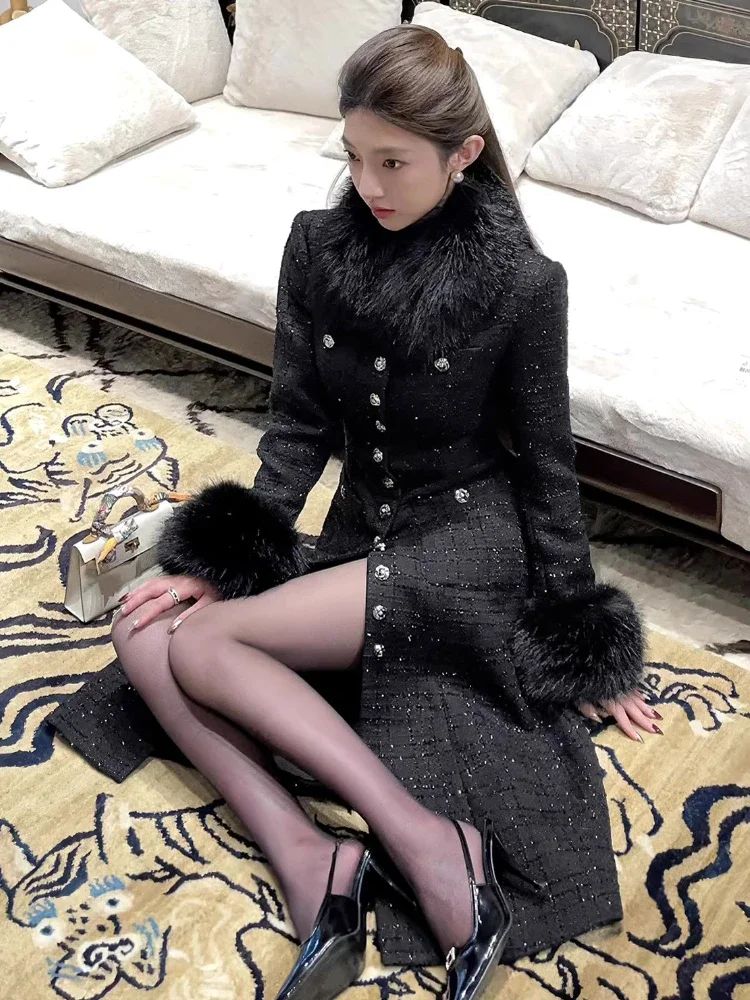 Elegante cappotto con collo in pelliccia ecologica inverno nuova moda Y2k nero addensato slim-fit ombrello in vita giacca lunga ispessita da donna 1