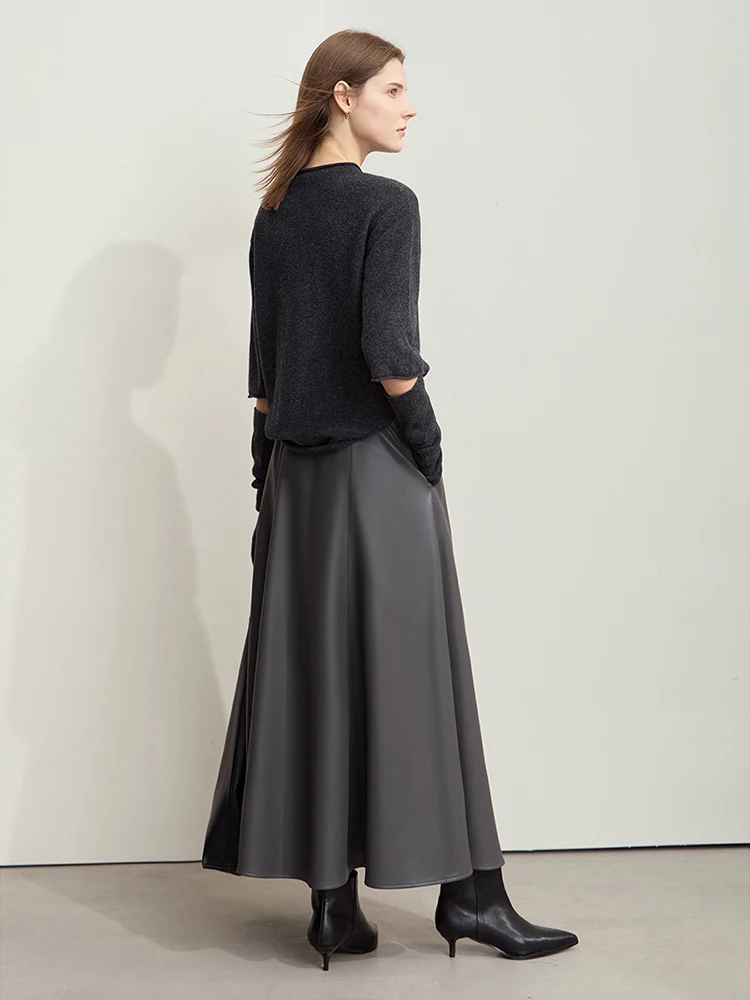 AMII minimalista pendolare Chic gonna per le donne 2024 inverno PU elastico in vita in pelle Multi-pezzo Patchwork gonna ombrello 12444168 2