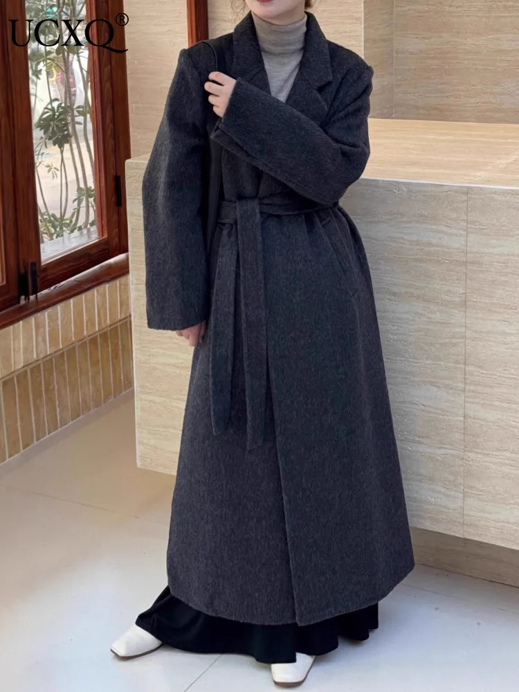 UCXQ Cappotto di lana double face per donna Colletto a maniche lunghe Cardigan con lacci 2025 Autunno Inverno Nuova marea 23Z3901 1