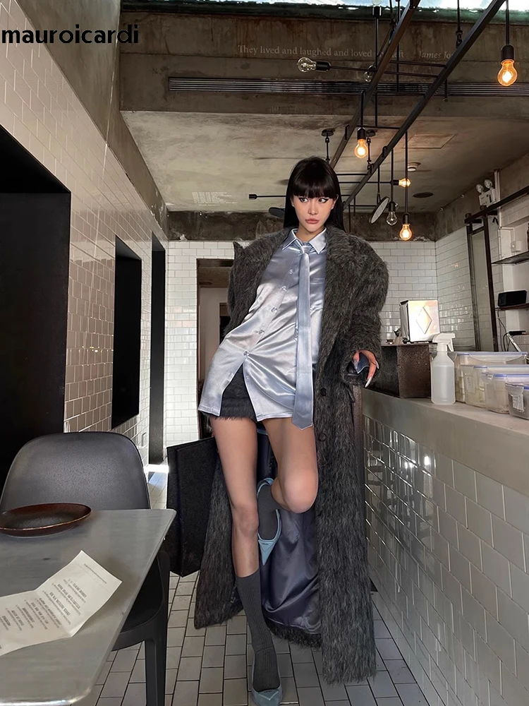 Mauroicardi Autunno Inverno Oversize Extra Lungo Caldo Spessore Grigio Lana e Misto Cappotto Donna Allentato Casual Soffici Moda Coreana 2024 3