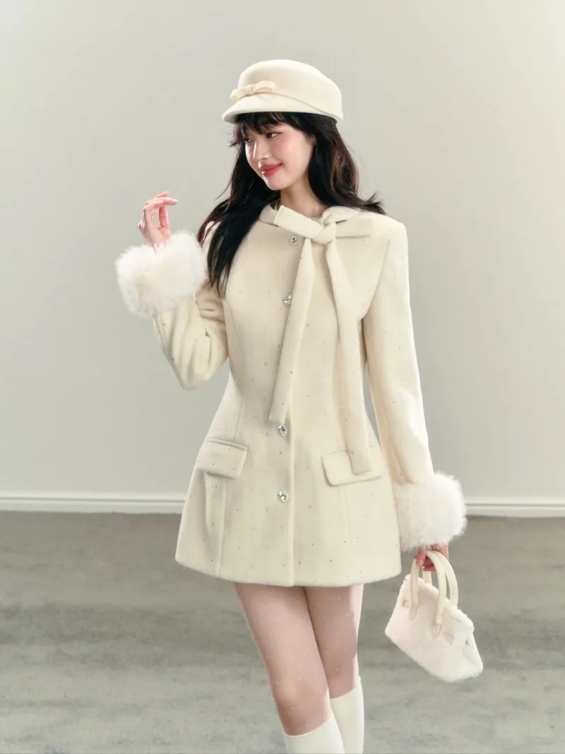 Francese elegante nuove donne top cappotti papillon o collo manica lunga vita alta sottile monopetto una linea misto lana cappotti giacche 2