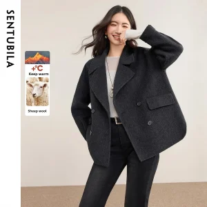 SENTUBILA Cappotto di lana double face da donna 2025 Cappotto invernale da pendolare caldo doppio petto stile britannico W54OC8775 1