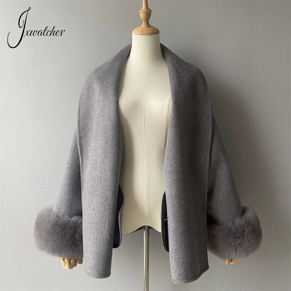 Jxwatcher Cappotto di lana da donna con polsini in vera pelliccia di volpe Cintura elegante da donna Capispalla sottile Autunno Inverno Cappotti di lana di fascia alta 2024 Nuovo 2