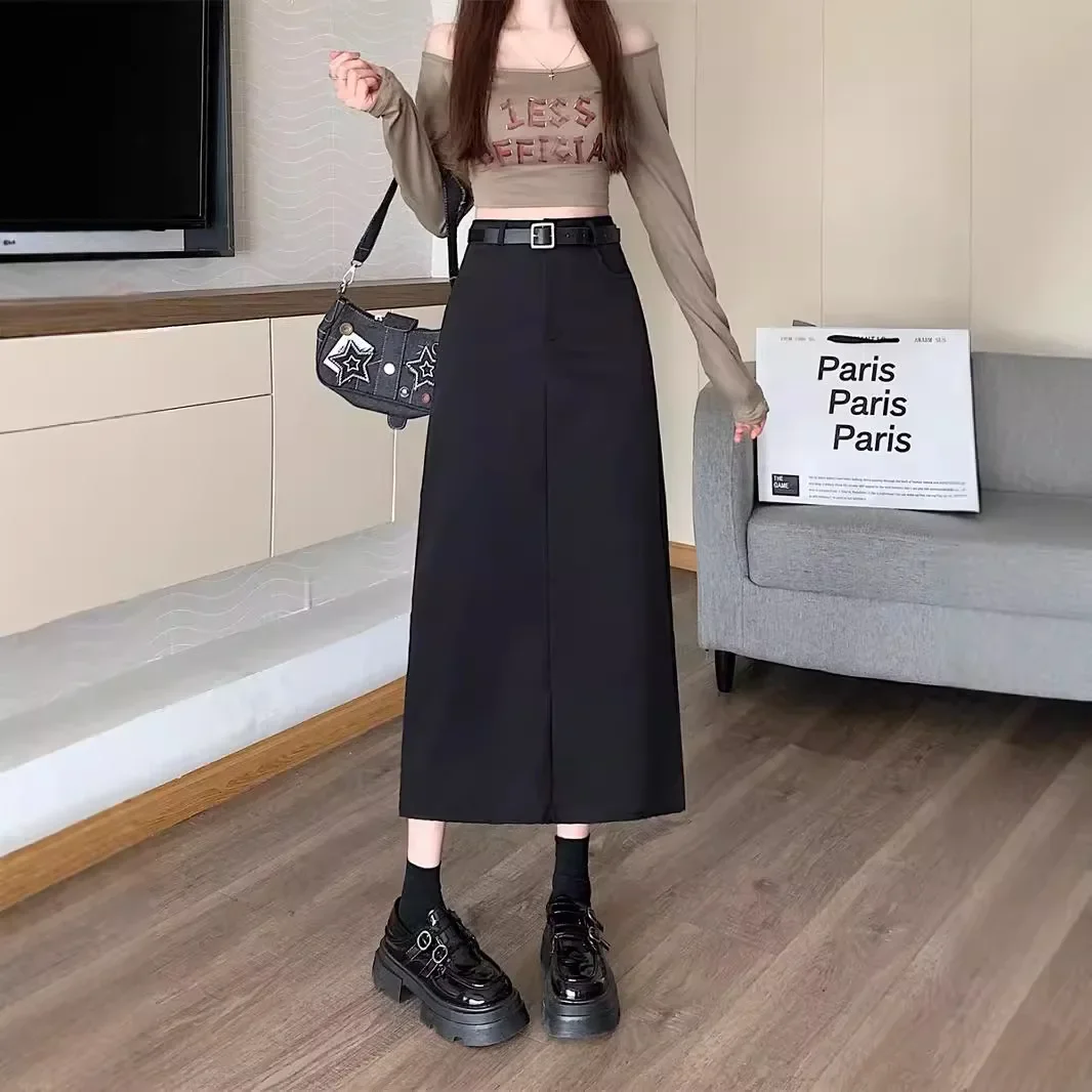 Abito casual grigio Minigonna a linea A Vita alta Sottile Lunghezza gamba dritta a metà polpaccio Decorazione con cerniera per nascondere l'anca divisa 3