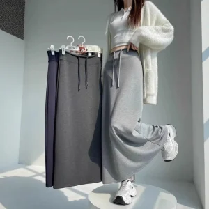 Gonna lunga da donna sportiva elastica a vita alta Autunno Inverno Nuovo stile Casual Versatile Minigonna a trapezio con spacco 1