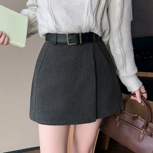 Seoulish Autunno Inverno di Lana A Pieghe da Donna A-line Gonne Corte con Cintura a Vita Alta Avvolgente da Ufficio Mini Gonne Donna 2025 Nuovo 1