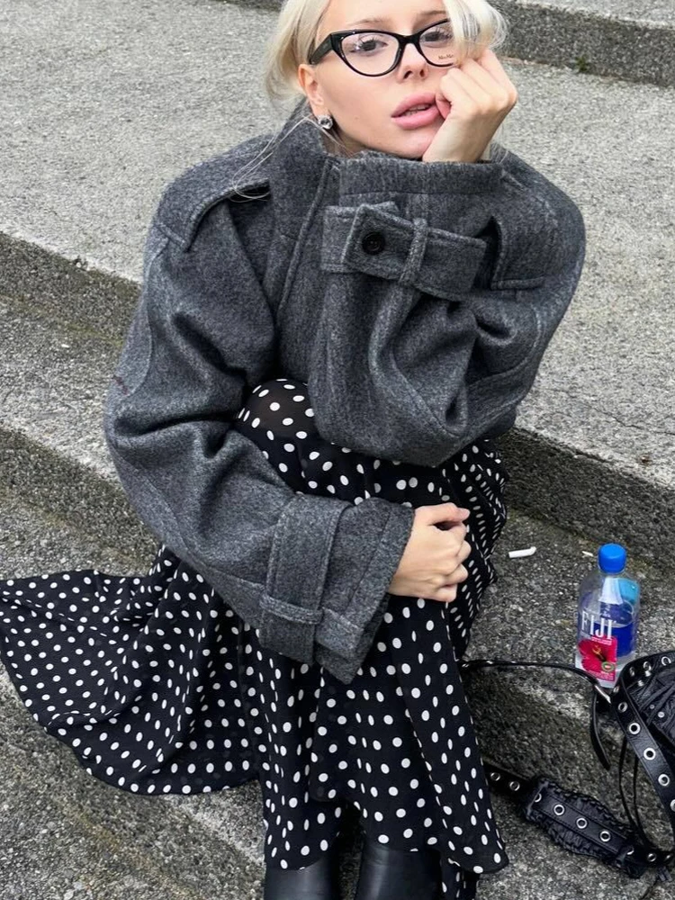 FSMG Cappotto di lana vintage con colletto allentato per donna Cappotto corto caldo a maniche lunghe solido casual Capispalla da strada alla moda 3