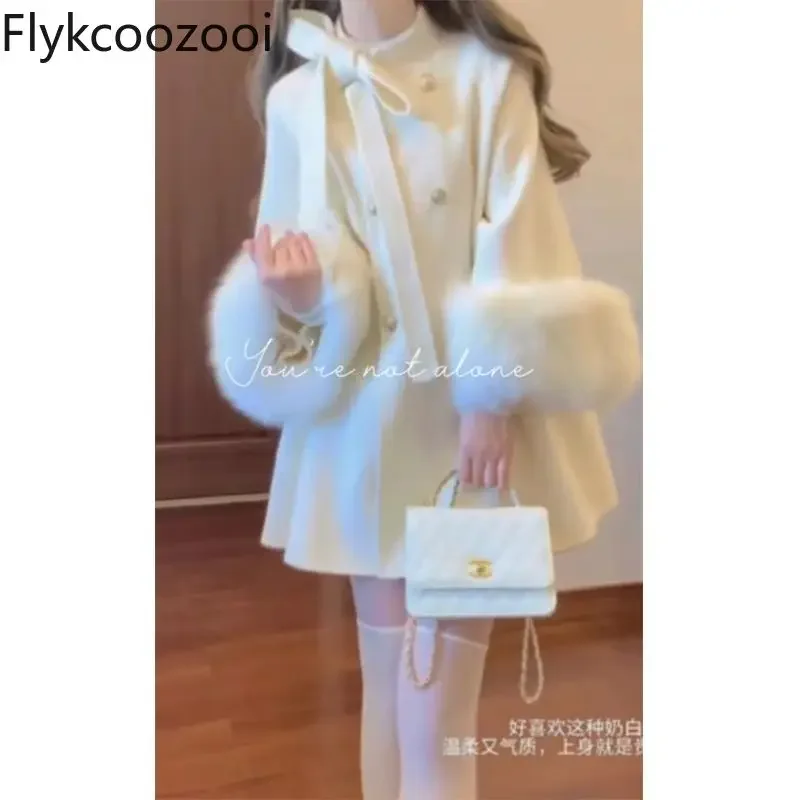Cappotto di lana con mantello con fiocco in stile coreano per 2024 Autunno e inverno Nuovo stile Piccolo design Jaqueta Feminina Giacca invernale da donna 4