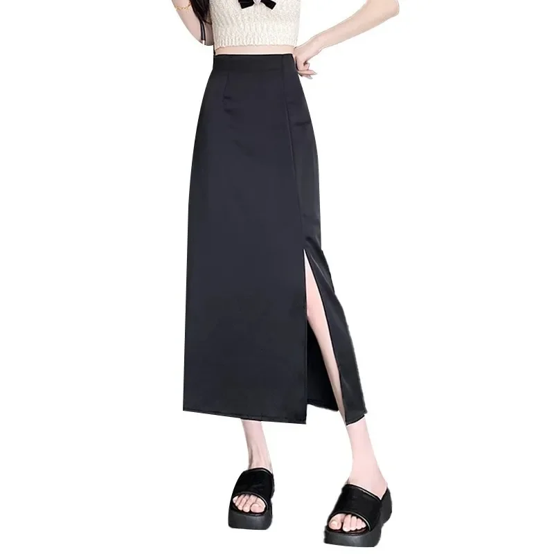 Gonna longuette a vita alta per donna Nero asimmetrico dimagrante Estate Nuova spacco laterale A-Line Fibra di poliestere Colore puro Nessuna decorazione 5