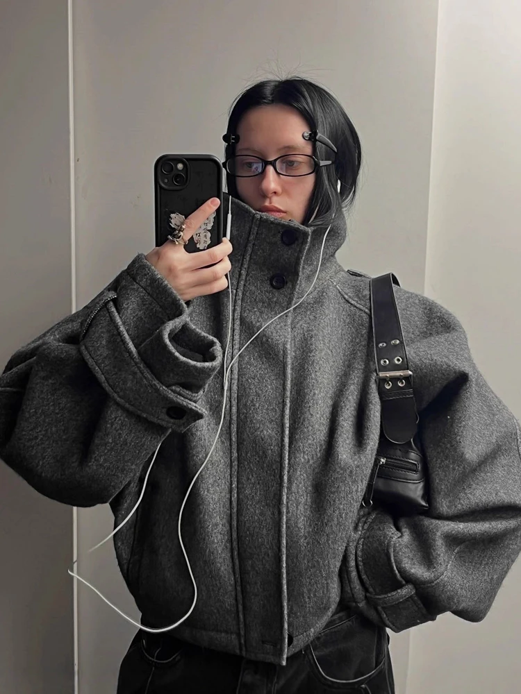 FSMG Cappotto di lana vintage con colletto allentato per donna Cappotto corto caldo a maniche lunghe solido casual Capispalla da strada alla moda 1