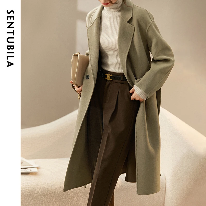 SENTUBILA Cappotto lungo in lana 100% per donna 2025 Inverno spesso sfoderato con cintura di media lunghezza caldo capispalla di alta qualità W44O56770X 3