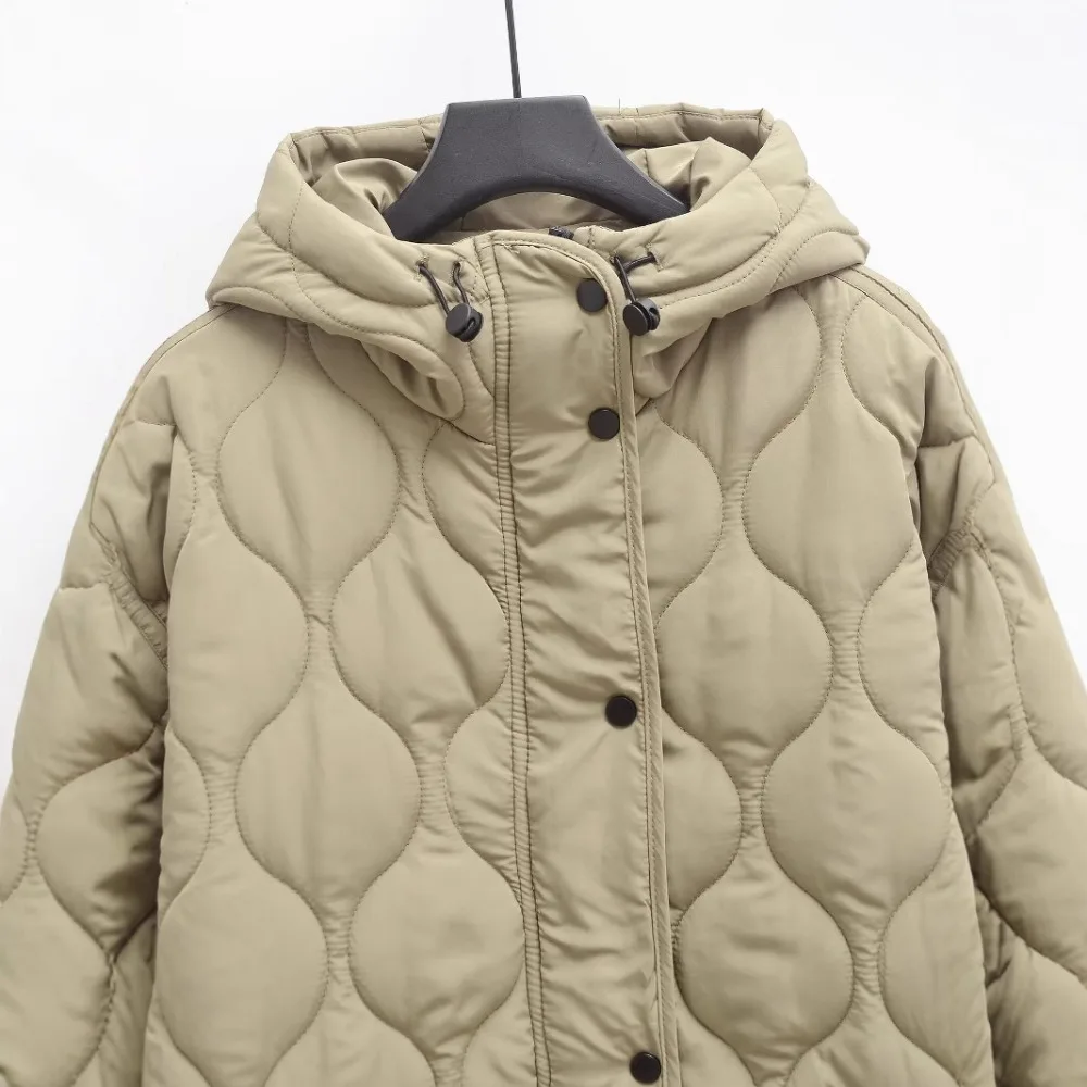 Cappotto da donna caldo e ampio con cappuccio regolabile Maniche lunghe Monopetto tinta unita Spacchi laterali sull'orlo Tasca laterale Giacca casual Primavera Autunno Nuovo cappotto chic femminile 4