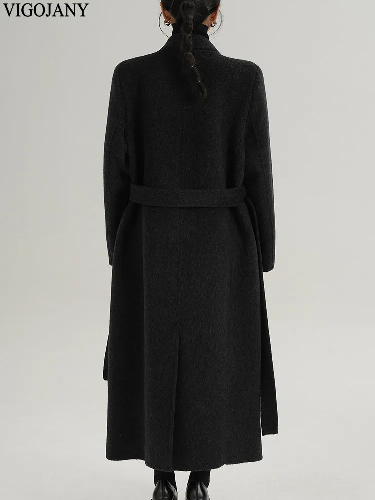 Cappotto lungo da donna invernale con colletto couverture in lana naturale 100% 2025 Giacca elegante in cashmere a maniche lunghe Cappotto casual in lana nera con bottoni 6