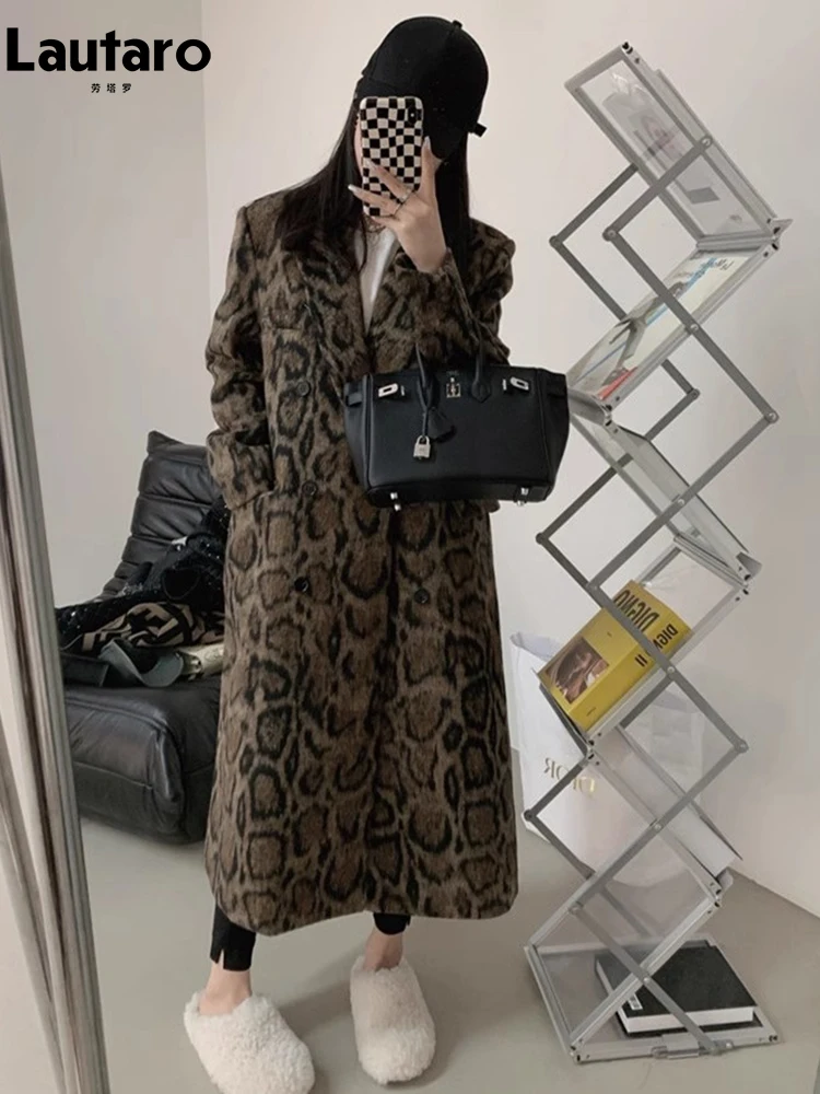 Lautaro inverno lungo caldo soffice colorato stampa leopardo lana e miscele cappotto per le donne fessura posteriore vestiti di lusso soprabito di lana 3