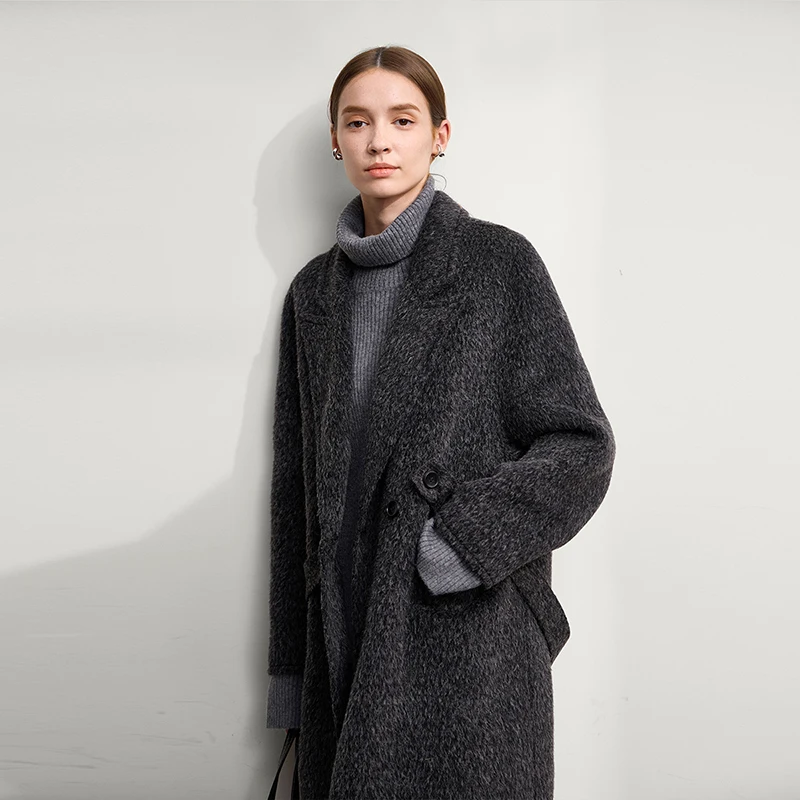 AMII Cappotto di lana da donna 2025 Inverno Nuovo colletto lungo allentato con risvolto con cintura Elegante cappotti di lana double face per donna 12554070 5