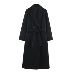 Cappotto da donna 2025 Cappotto a maniche lunghe nero nuovo stile autunno e inverno con cintura Giacca lunga decorativa Casual e alla moda 1