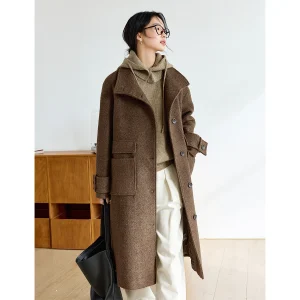 VIMLY Donna Inverno Marrone Cappotti Lunghi 2025 Abbigliamento da Ufficio Stand Collo Cappotti di Lana Vintage Allentato Trapuntato Tweed Cappotto Femminile M9289 1