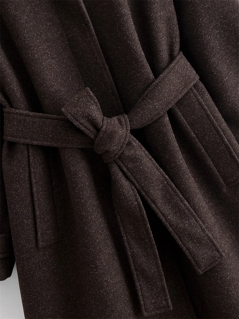 Cappotto da donna 2025 Inverno Nuovo stile Cappotto lungo di lana lungo con cintura a maniche lunghe marrone scuro Alla moda ed elegante 4