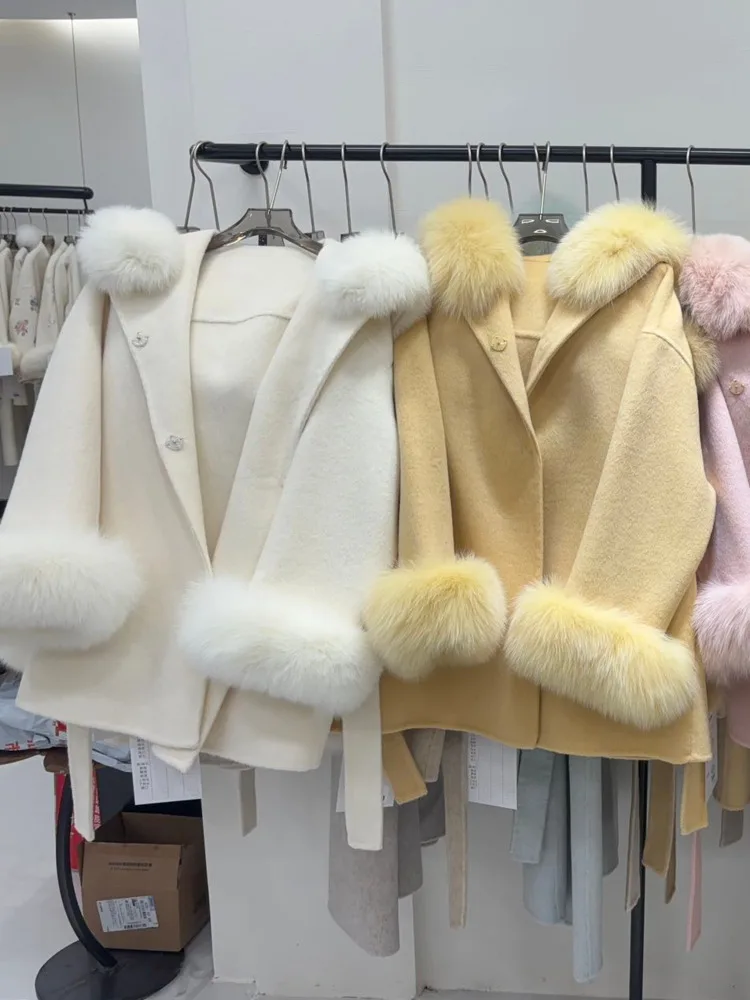 UCXQ Cappotto di lana double face caldo tinta unita Cappotto cardigan con cintura a maniche lunghe con cappuccio da donna 2025 Autunno Inverno Nuova marea 23Z4477 5