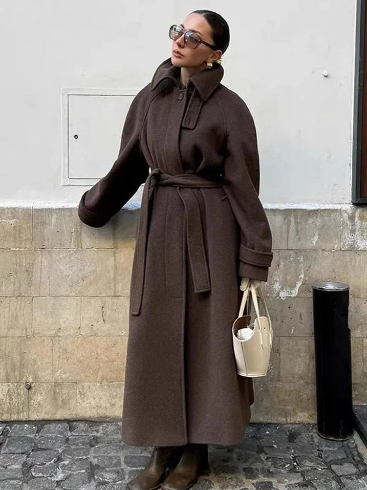 HH Giacca da donna in lana con cintura a maniche lunghe vintage moda invernale Cappotto lungo decorato con tasca monopetto casual da strada femminile 3