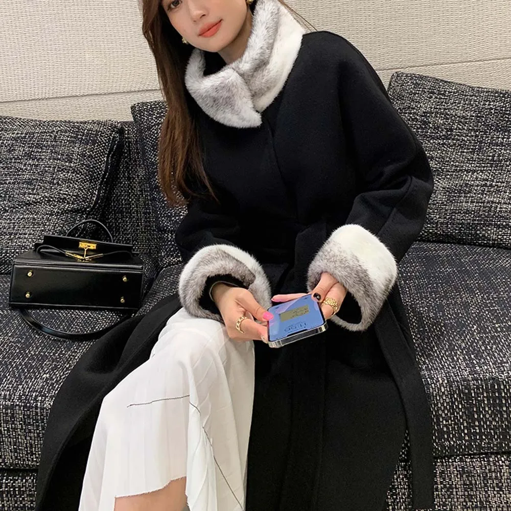 2025 Cappotto invernale da donna in cashmere caldo spesso Cappotto nero elegante Cappotti di lana in pelliccia di visone patchwork con lacci 4