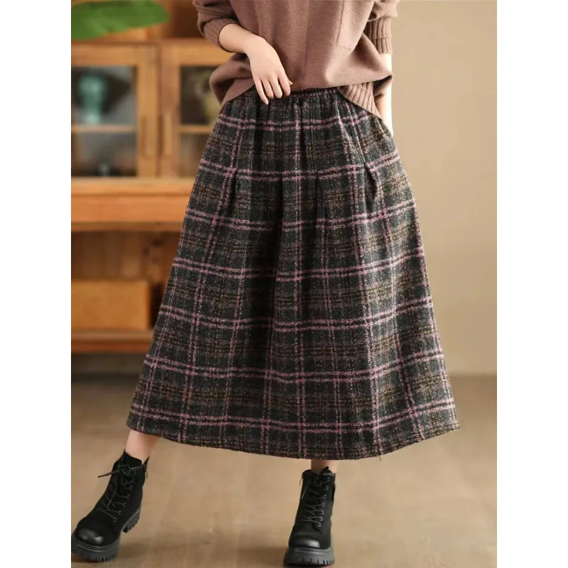 Gonna longuette scozzese di lana moda autunno inverno Gonna a trapezio da donna Gonna snellente a vita alta in misto poliestere Gonna stile pendolare 2