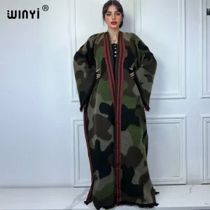 WINYI camouflage color African women winter kimono manica lunga soprabito abaya dubai luxury Open Front long Cardigan party dress 1
