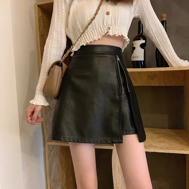Minigonna in pelle PU alla moda a vita alta A-Line gonna corta con cerniera da donna primavera autunno gonna dimagrante gonna a mezza lunghezza 2