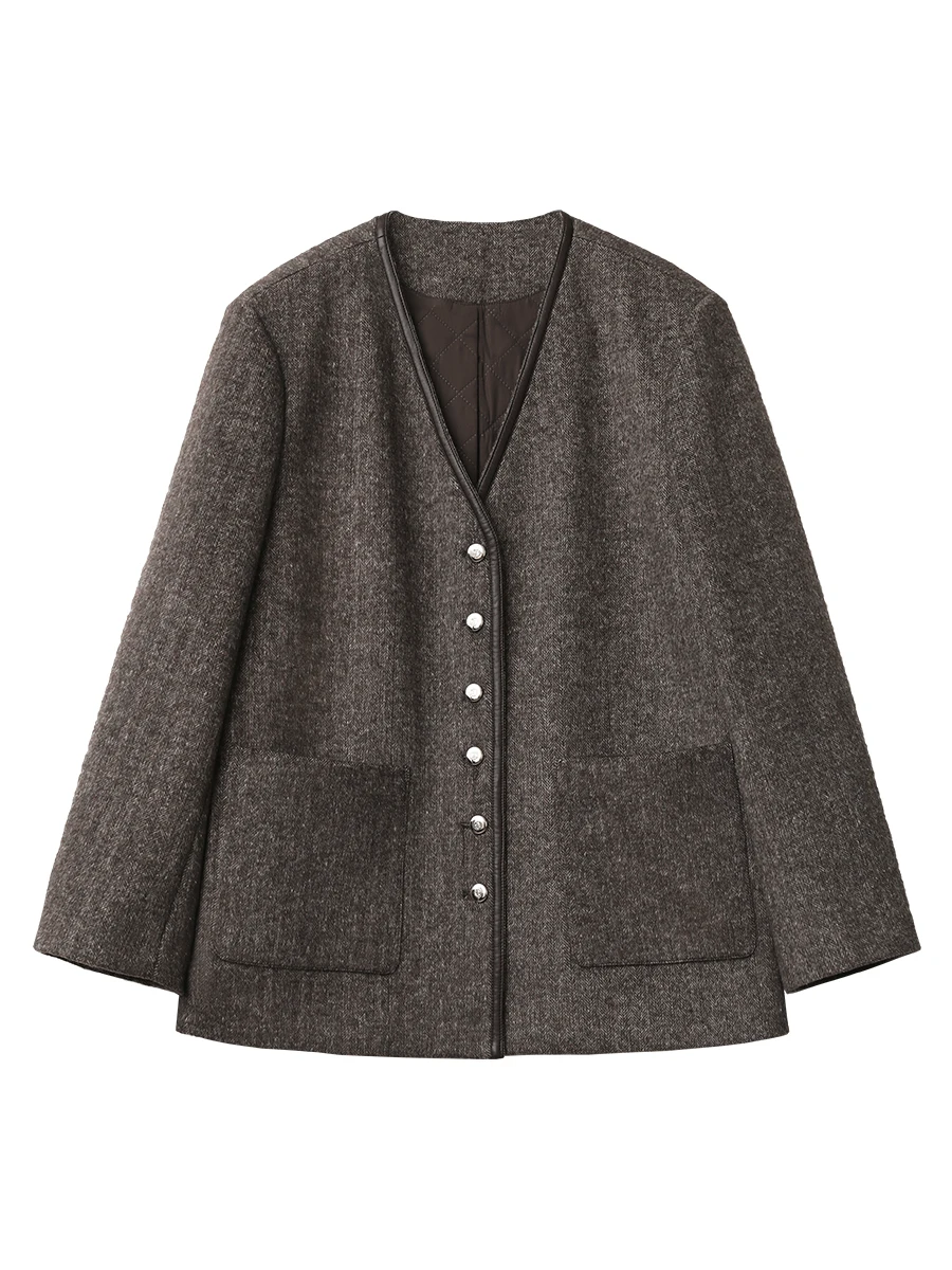CHIC VEN Nuove donne cappotto di lana con scollo a V monopetto allentato casual retrò giacca trapuntata femminile di media lunghezza autunno inverno 2025 5