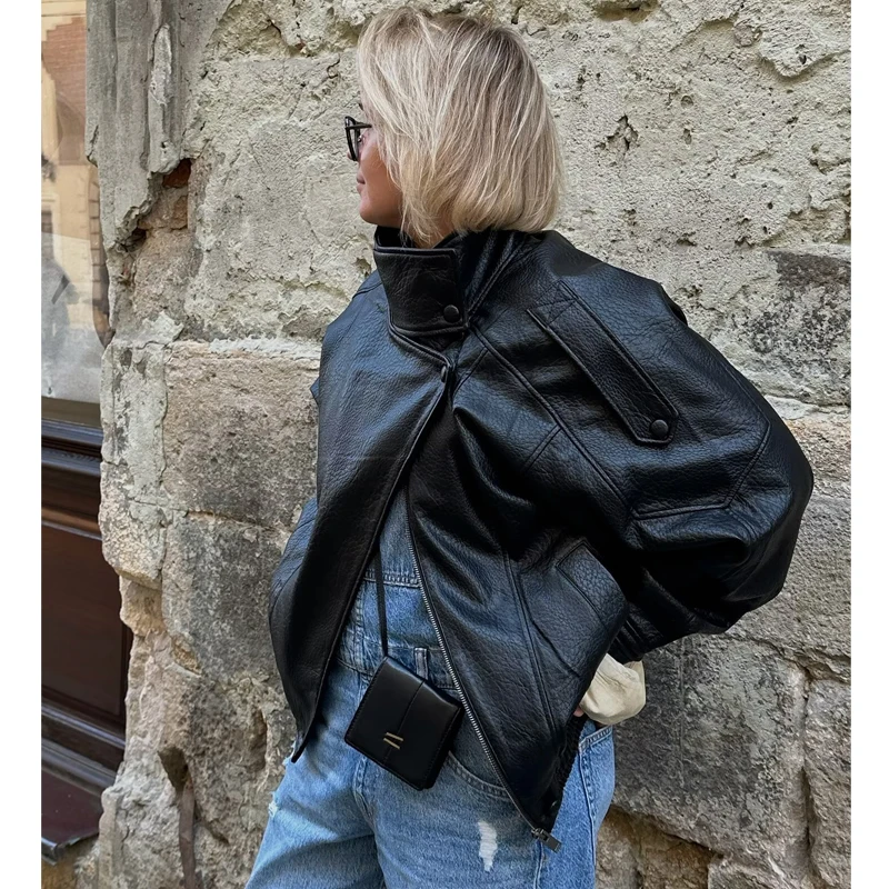 MUJER Giubbotti bomber neri da donna Giacca da donna in ecopelle da ufficio con bottoni automatici Cappotti invernali da donna Soprabito Capispalla 5