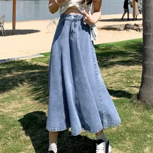 Gonna di jeans a linea A taglie forti Gonna lunga da donna al ginocchio con coda di pesce vaporosa Gonna in misto cotone poliestere primavera autunno 1