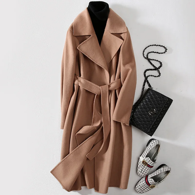 Cappotto lungo Elegante colletto rovesciato Cappotto invernale caldo Cappotto in lana merino 100% da donna con cintura Design a punto aperto 1