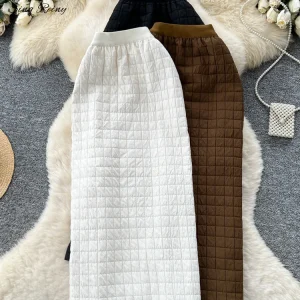 SINGREINY Gonna invernale imbottita in cotone Elastico a vita alta aderente divisa Versatile gonna dritta scozzese coreana chic femminile solida 1