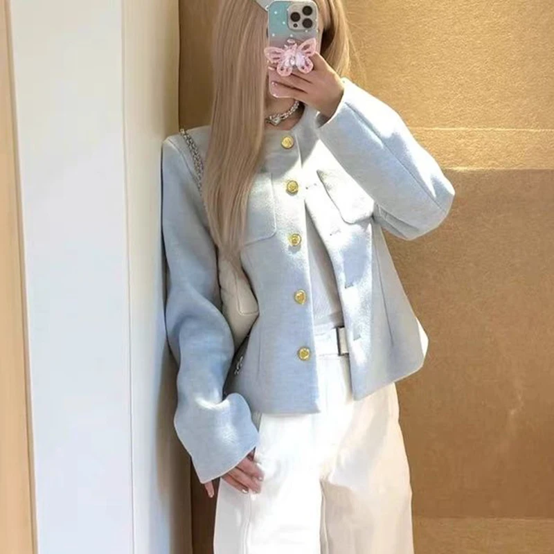 Cappotti corti chic blu francesi da donna elegante giacca da ufficio con piccola fragranza manica lunga o collo bottoni casual top slim delicati 5