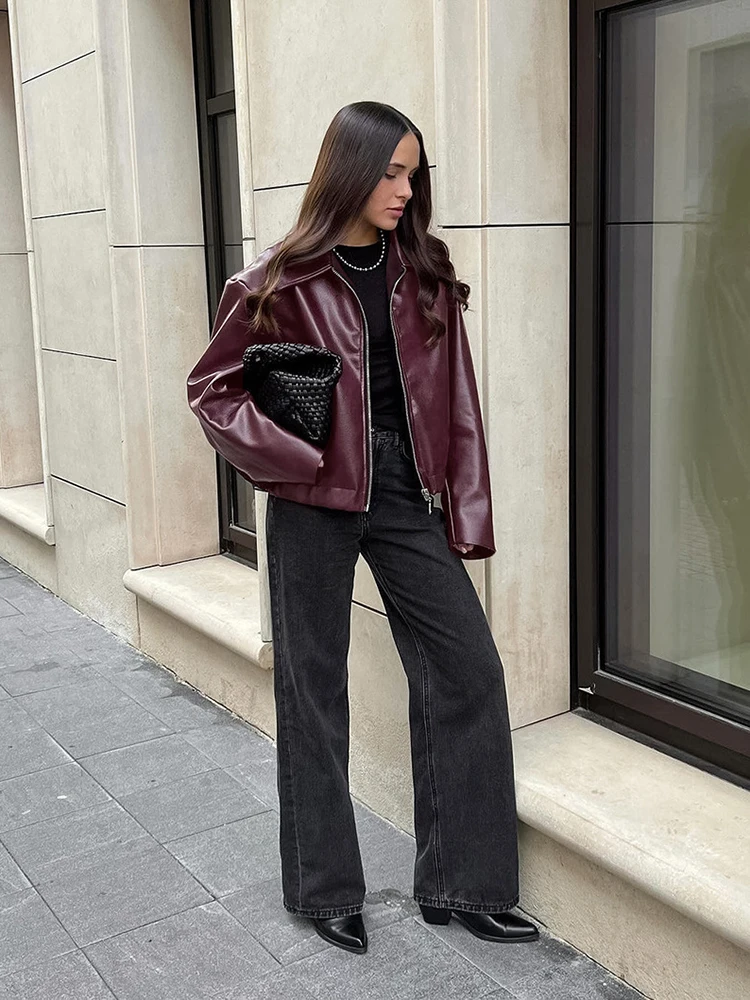 2025 New Fashion PU Leater Giacca allentata Donna Autunno Risvolto Cerniera Manica lunga Capispalla Streetwear Borgogna Bomber femminile Cappotti 6