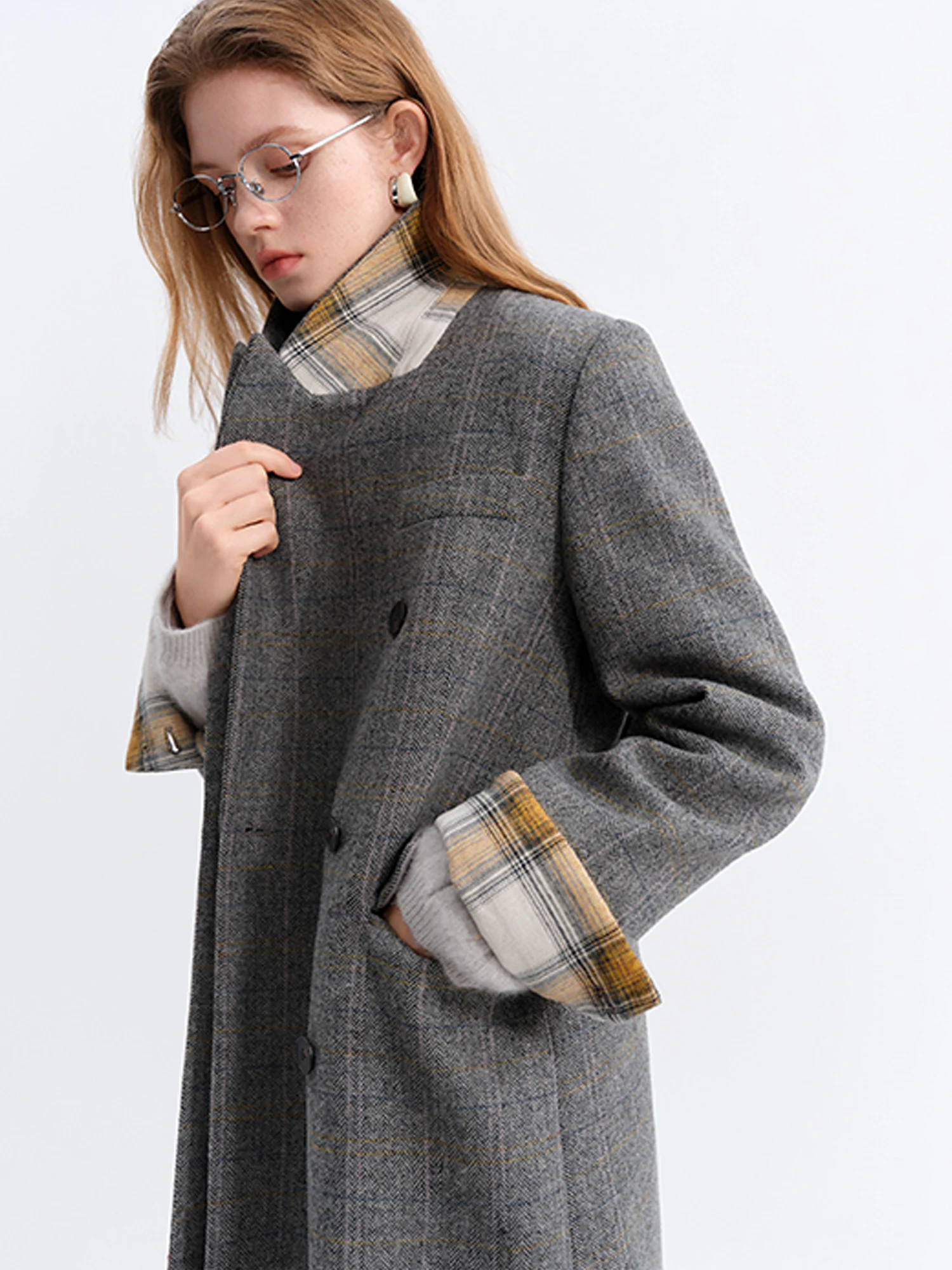 FSLE Blazer Cappotto di lana da donna Inverno 2025 Nuovo cappotto di lana retrò coreano Plaid Pendolarismo Caldo temperamento a metà polpaccio 2