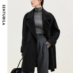 SENTUBILA Donna Casual Cappotto di lana Giacche 2025 Elegante grigio Colletto rovesciato Cappotti di media lunghezza Abbigliamento invernale da donna W44O56016 1