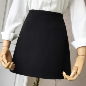 Minigonna a vita alta a linea nera versatile primavera autunno gonna da passeggio anti-luce da donna tessuto in poliestere stile dolce fresco 1
