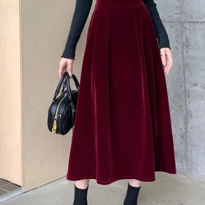 Autunno inverno caldo Vintage rosso elegante gonna a trapezio in velluto per le donne 2023 a vita alta Casual nero partito pieghettato grandi gonne altalena 1