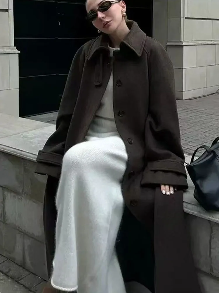 HH Giacca da donna in lana con cintura a maniche lunghe vintage moda invernale Cappotto lungo decorato con tasca monopetto casual da strada femminile 5