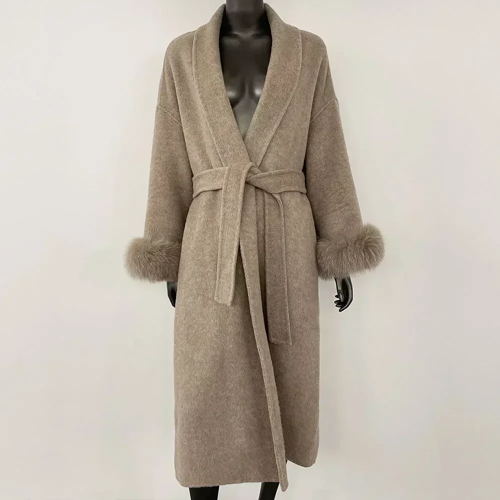 Cappotto in cashmere Giacca in lana double face Donna Polsini rimovibili Giacca in pelliccia di volpe Temperamento invernale Cappotto corto e lungo in vera lana 1