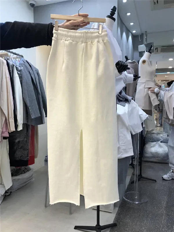 Gonna a trapezio di media lunghezza da donna con coulisse in vita elastica modello a squame di pesce grigio chiaro primavera autunno cotone lavorato a maglia 4