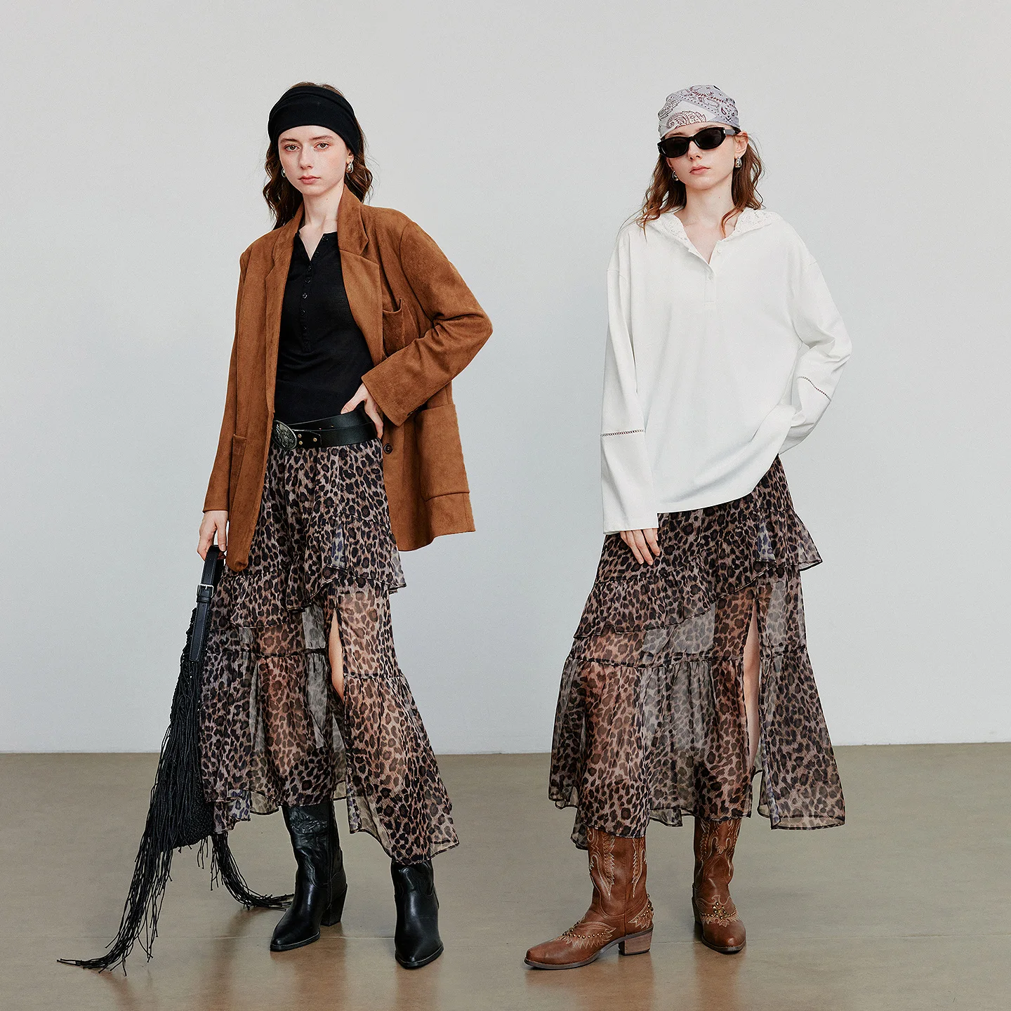 TOYOUTH Gonna alla caviglia da donna 2025 Autunno New Wilderness Nomadic Style Gonna elegante in chiffon con spacco aperto stampato leopardato 5
