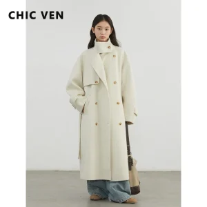 CHIC VEN Cappotti di lana da donna Moda Solid Stand Colletto Cappotto allentato con cintura Abbigliamento femminile coreano Autunno Inverno Nuovo 2025 1