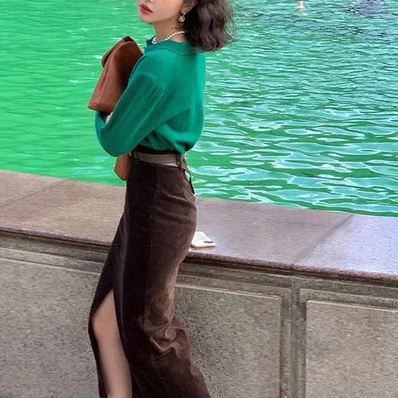 Gonne vintage in velluto a coste marrone Donna Autunno Inverno Elegante con cintura Gonna a tubino divisa Gonna longuette sottile a vita alta moda femminile 2